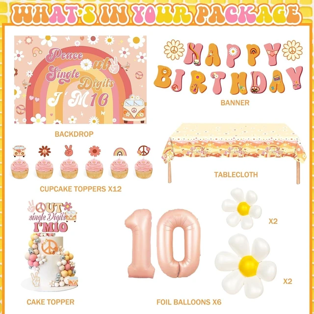 Alt view image 9 of 14 - Party Inspo Peace Out Single Digits Party Décor, 10th Birthday Decorations for Girl, Groovy Im 10 Backdrop Banner Cake Topper Number 10 Foil Balloon for Boho Ten is a Vibe Birthday Party