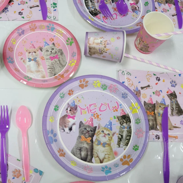 Alt view image 11 of 14 - Cat Birthday Party Supplies Set, Kitten Disposable Tableware Includes Happy Birthday Banner, Spoons, Fork, Plates, Tablecloth, Cups, Balloon, Straws for Kids Cat Party Decorations, Serves 20 Guest