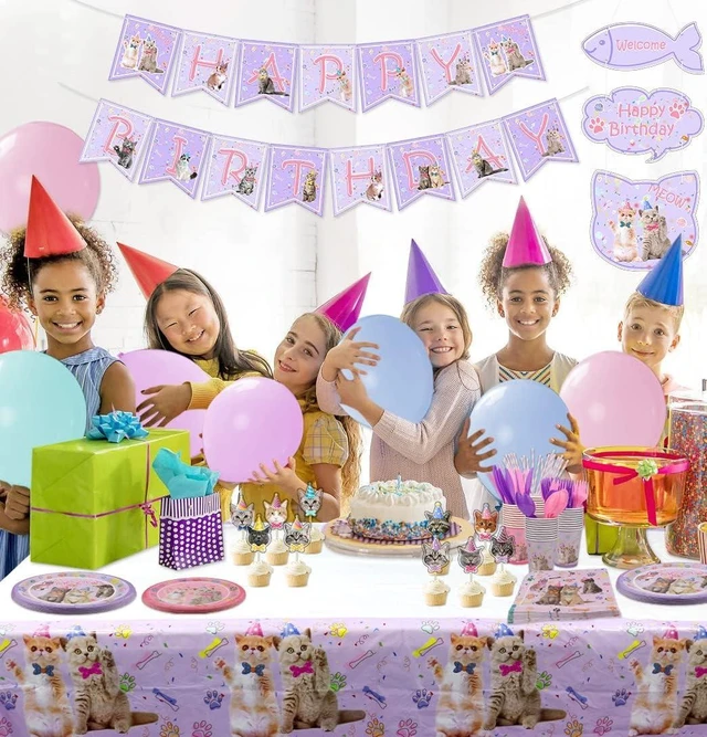 Alt view image 14 of 14 - Cat Birthday Party Supplies Set, Kitten Disposable Tableware Includes Happy Birthday Banner, Spoons, Fork, Plates, Tablecloth, Cups, Balloon, Straws for Kids Cat Party Decorations, Serves 20 Guest