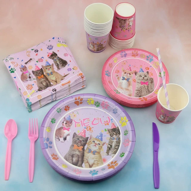 Alt view image 10 of 14 - Cat Birthday Party Supplies Set, Kitten Disposable Tableware Includes Happy Birthday Banner, Spoons, Fork, Plates, Tablecloth, Cups, Balloon, Straws for Kids Cat Party Decorations, Serves 20 Guest