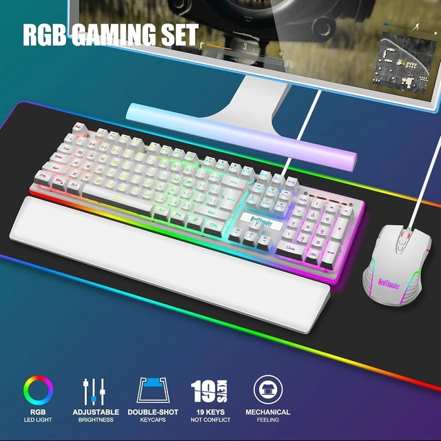 Alt view image 9 of 14 - RedThunder K10 Wired Gaming Keyboard and Mouse and Wrist Rest Combo, RGB Backlit, Mechanical Feel Anti-ghosting Keyboard + 7D 7200 DPI Mice+Soft Leather Wrist Rest 3 in 1 PC Gamer Accessories(White)