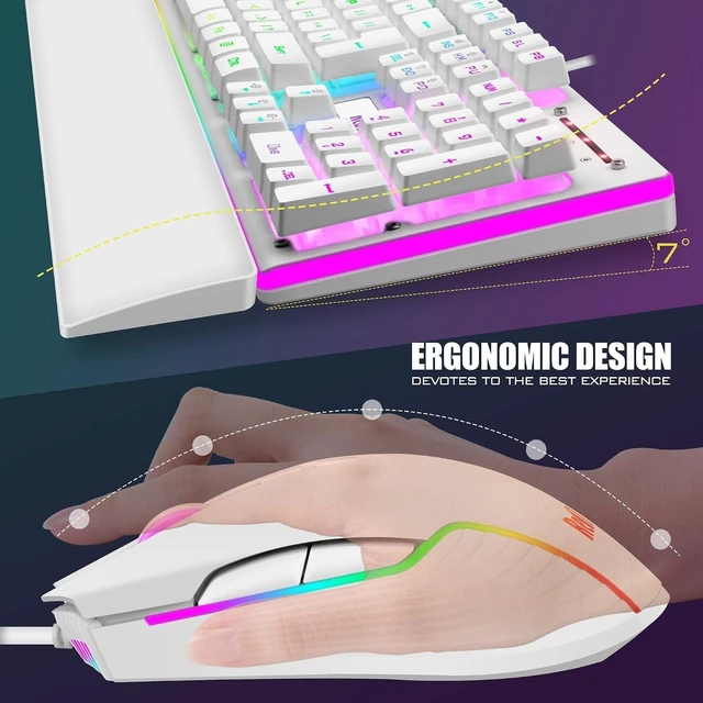 Alt view image 12 of 14 - RedThunder K10 Wired Gaming Keyboard and Mouse and Wrist Rest Combo, RGB Backlit, Mechanical Feel Anti-ghosting Keyboard + 7D 7200 DPI Mice+Soft Leather Wrist Rest 3 in 1 PC Gamer Accessories(White)