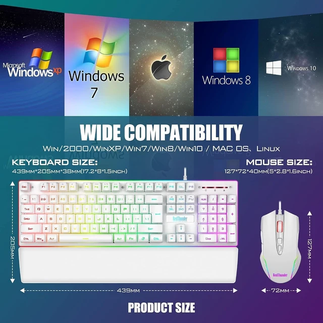 Alt view image 14 of 14 - RedThunder K10 Wired Gaming Keyboard and Mouse and Wrist Rest Combo, RGB Backlit, Mechanical Feel Anti-ghosting Keyboard + 7D 7200 DPI Mice+Soft Leather Wrist Rest 3 in 1 PC Gamer Accessories(White)