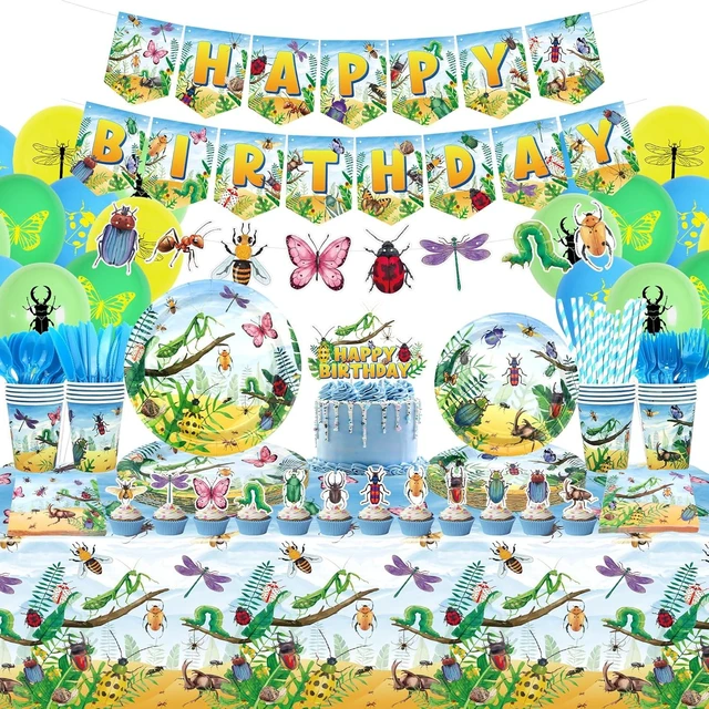 Alt view image 8 of 14 - Bugs Birthday Party Decorations - Insect Party Supplies, Plates Cups Napkins Tablecloth Cutlery Happy Birthday Banner Balloon Cake Toppers for Class Office Garden Reptile Baby Shower