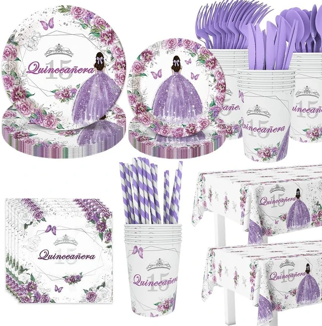 Alt view image 8 of 14 - AIBIIN 194pcs Quinceanera Decorations 15th Birthday Decorations Party Plates, Cup, Napkin, Tablecloth, Tableware, Purple Disposable Quinceanera Birthday Party Supplies Plates Serve 24 Guests