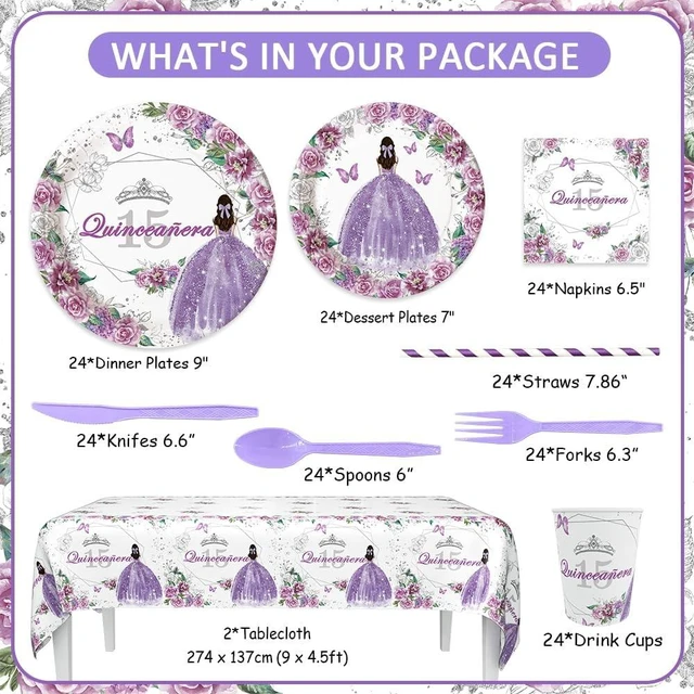 Alt view image 9 of 14 - AIBIIN 194pcs Quinceanera Decorations 15th Birthday Decorations Party Plates, Cup, Napkin, Tablecloth, Tableware, Purple Disposable Quinceanera Birthday Party Supplies Plates Serve 24 Guests