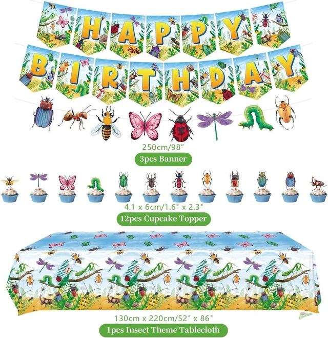 Alt view image 10 of 14 - Bugs Birthday Party Decorations - Insect Party Supplies, Plates Cups Napkins Tablecloth Cutlery Happy Birthday Banner Balloon Cake Toppers for Class Office Garden Reptile Baby Shower