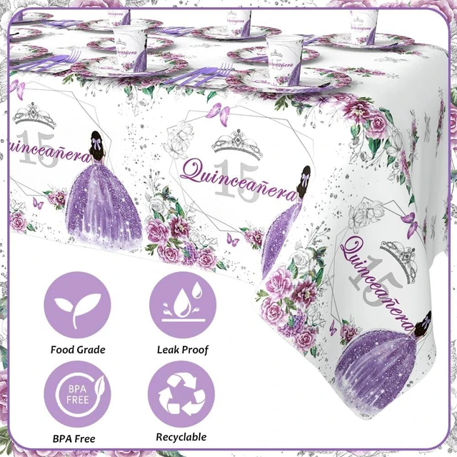 Alt view image 10 of 14 - AIBIIN 194pcs Quinceanera Decorations 15th Birthday Decorations Party Plates, Cup, Napkin, Tablecloth, Tableware, Purple Disposable Quinceanera Birthday Party Supplies Plates Serve 24 Guests