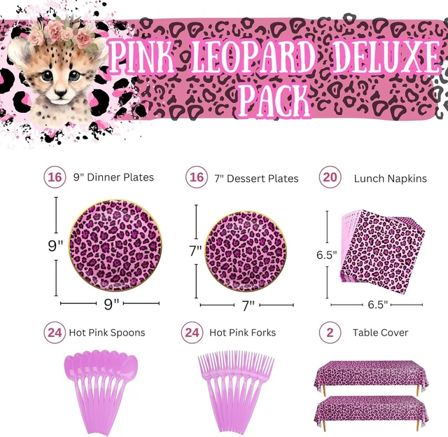 Alt view image 8 of 12 - Pink Leopard Deluxe Party Supplies Pack (124 Pieces for 16 Guests) - Cheetah Party Decorations, Two Wild Birthday for Girls - Blue Orchards