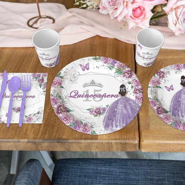 Alt view image 11 of 14 - AIBIIN 194pcs Quinceanera Decorations 15th Birthday Decorations Party Plates, Cup, Napkin, Tablecloth, Tableware, Purple Disposable Quinceanera Birthday Party Supplies Plates Serve 24 Guests