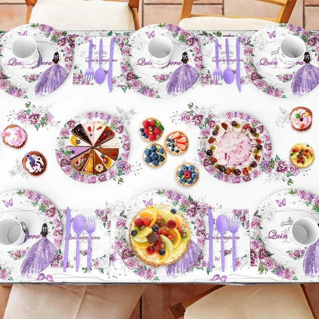 Alt view image 12 of 14 - AIBIIN 194pcs Quinceanera Decorations 15th Birthday Decorations Party Plates, Cup, Napkin, Tablecloth, Tableware, Purple Disposable Quinceanera Birthday Party Supplies Plates Serve 24 Guests