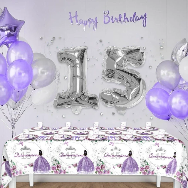 Alt view image 13 of 14 - AIBIIN 194pcs Quinceanera Decorations 15th Birthday Decorations Party Plates, Cup, Napkin, Tablecloth, Tableware, Purple Disposable Quinceanera Birthday Party Supplies Plates Serve 24 Guests