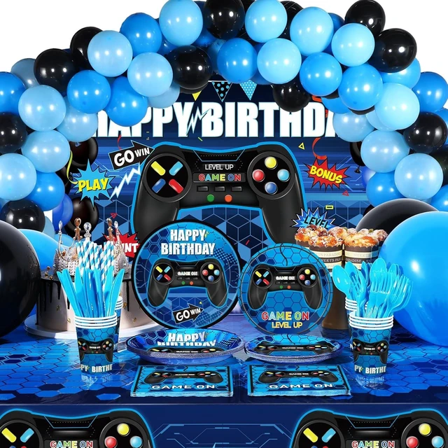 Alt view image 8 of 14 - Tatuo 152 Pieces Video Game Birthday Party Supplies Gamer Party Table Cover Happy Birthday Backdrop Banner Tableware Balloons Sets for Boys Men Theme Party Decoration