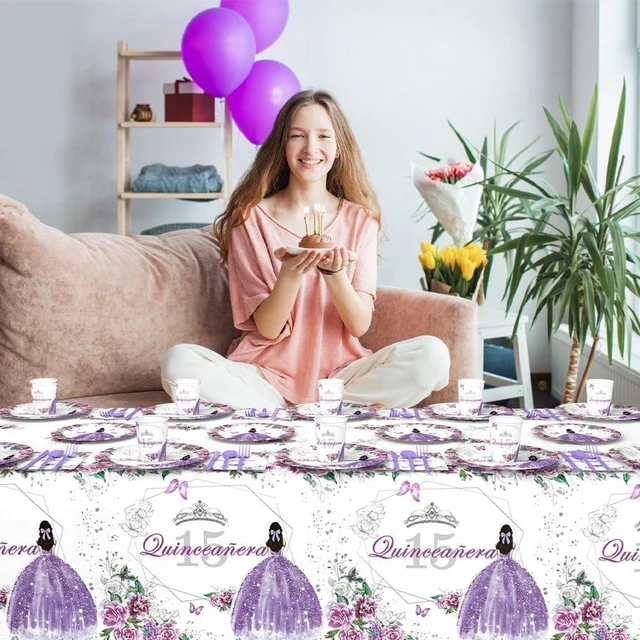 Alt view image 14 of 14 - AIBIIN 194pcs Quinceanera Decorations 15th Birthday Decorations Party Plates, Cup, Napkin, Tablecloth, Tableware, Purple Disposable Quinceanera Birthday Party Supplies Plates Serve 24 Guests
