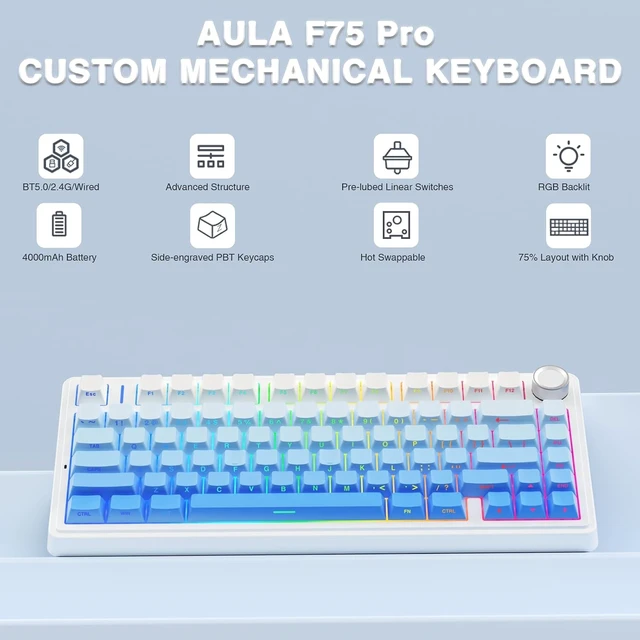 Alt view image 9 of 14 - AULA F75 Pro Wireless Mechanical Keyboard,75% Hot Swappable Custom Keyboard,RGB Backlit,Pre-lubed Linear Switches,Side Printed PBT Keycaps Mechanical Gaming Keyboards,Gradient Blue