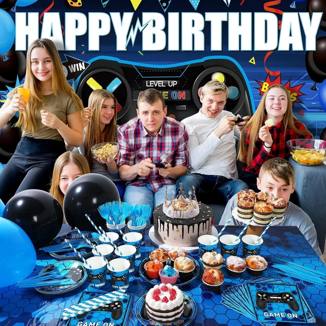 Alt view image 14 of 14 - Tatuo 152 Pieces Video Game Birthday Party Supplies Gamer Party Table Cover Happy Birthday Backdrop Banner Tableware Balloons Sets for Boys Men Theme Party Decoration