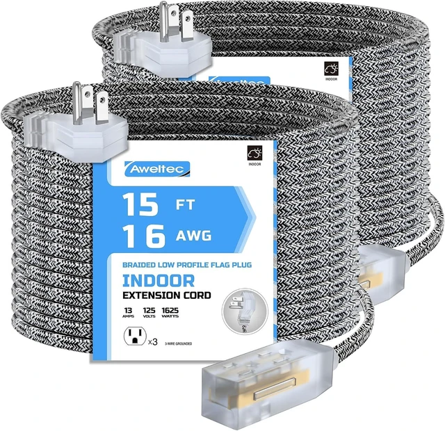 Alt view image 8 of 14 - 2 Pack Extension Cord 15 Ft,3 Outlet Braided Cable,16 Gauge Wire SPT-2, Multiple Outlets Tamper Guard,Outlet Saver,3 Polarized Outlets with Safety Cap Protection for Home Office, Black/White