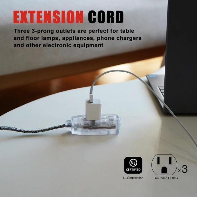 Alt view image 11 of 14 - 2 Pack Extension Cord 15 Ft,3 Outlet Braided Cable,16 Gauge Wire SPT-2, Multiple Outlets Tamper Guard,Outlet Saver,3 Polarized Outlets with Safety Cap Protection for Home Office, Black/White