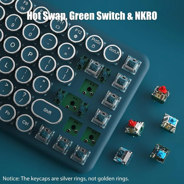 Alt view image 11 of 14 - Typewriter Keyboard Wireless 2.4GHz/Bluetooth/USB-C Wired Mechanical Gaming Keyboard Warm White LED Backlit 84-Key NKRO Hot Swappable Green Switches Retro Round Keycaps for Multi-Device