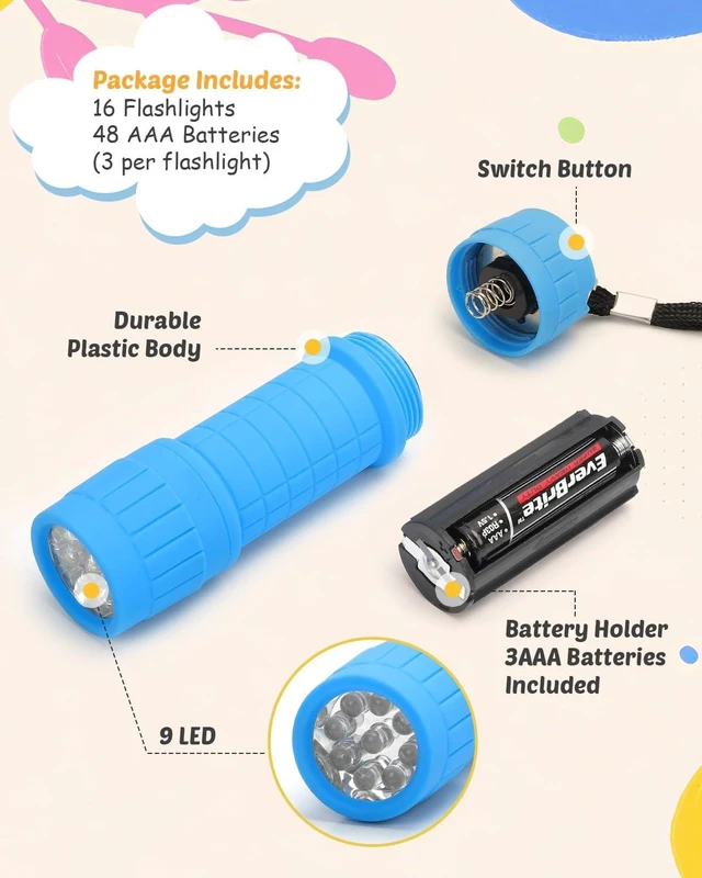 Alt view image 11 of 14 - EverBrite 16-Pack Mini LED Flashlight Set, Small Flash Lights Assorted 4 Colors, 48 AAA Batteries Included, for Emergency, Camping, Hiking, Outdoor Activities, Bulk Holiday Gifts
