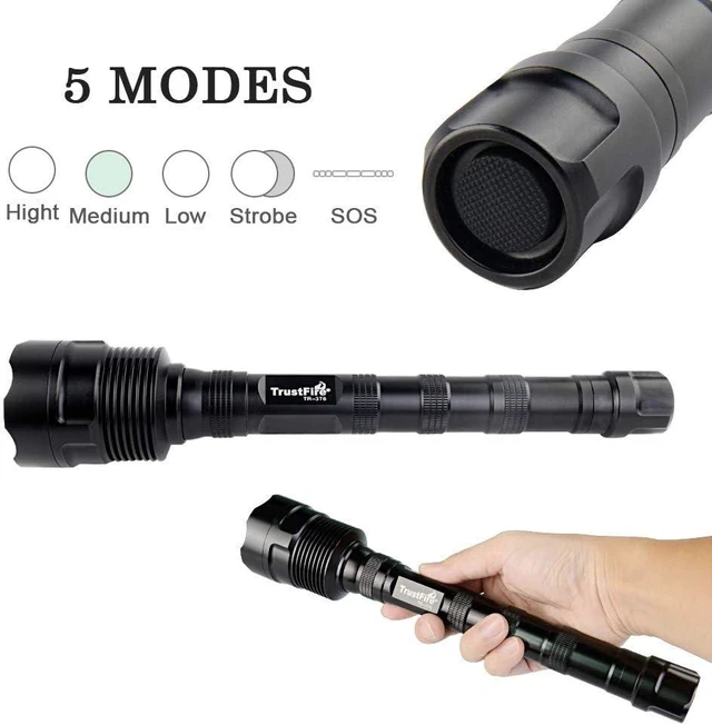 Alt view image 6 of 8 - TrustFire TR-3T6 LED Flashlight, Super Bright 3800 Lumens, Water Resistant 5 Light Modes Large Tactical Torch by 2X or 3X Rechargeable Battery(not Included)