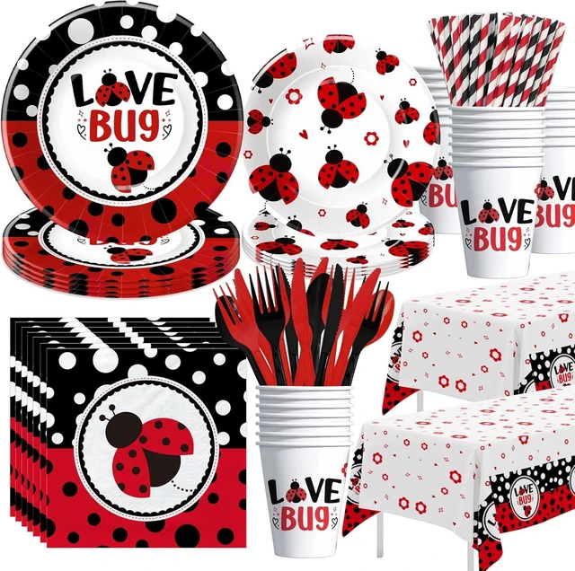 Alt view image 7 of 12 - Xigejob Ladybug Birthday Party Decorations Tableware, Ladybug Party Supplies Girl for Birthday Baby Shower, Paper Plate, Cup, Napkin, Tablecloth, Disposable Cutlery, Straw, Serves 24