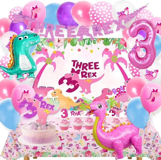 Alt view image 8 of 8 - Dino Rex Three Girls Birthday Party Decorations, Pink Dinosaur Supplies