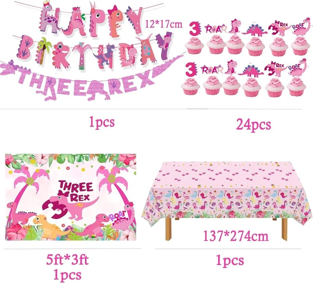 Alt view image 7 of 8 - Dino Rex Three Girls Birthday Party Decorations, Pink Dinosaur Supplies