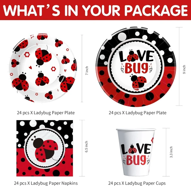 Alt view image 8 of 12 - Xigejob Ladybug Birthday Party Decorations Tableware, Ladybug Party Supplies Girl for Birthday Baby Shower, Paper Plate, Cup, Napkin, Tablecloth, Disposable Cutlery, Straw, Serves 24