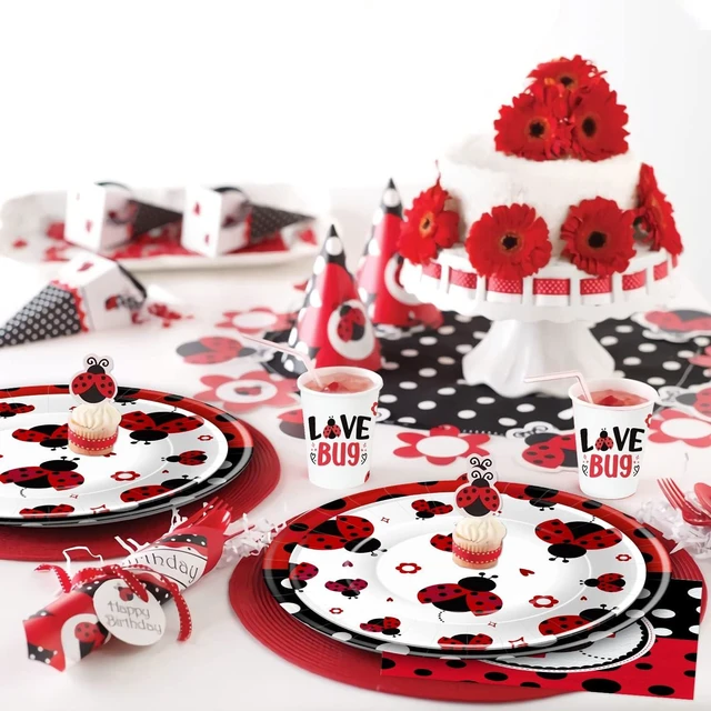 Alt view image 10 of 12 - Xigejob Ladybug Birthday Party Decorations Tableware, Ladybug Party Supplies Girl for Birthday Baby Shower, Paper Plate, Cup, Napkin, Tablecloth, Disposable Cutlery, Straw, Serves 24