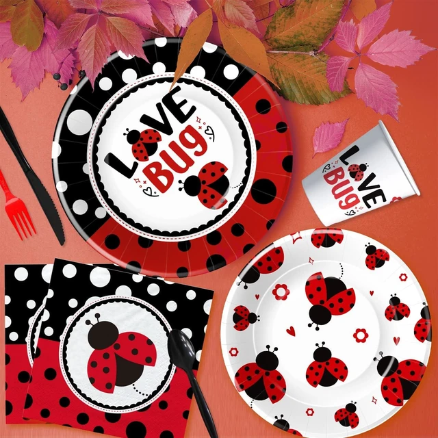 Alt view image 11 of 12 - Xigejob Ladybug Birthday Party Decorations Tableware, Ladybug Party Supplies Girl for Birthday Baby Shower, Paper Plate, Cup, Napkin, Tablecloth, Disposable Cutlery, Straw, Serves 24