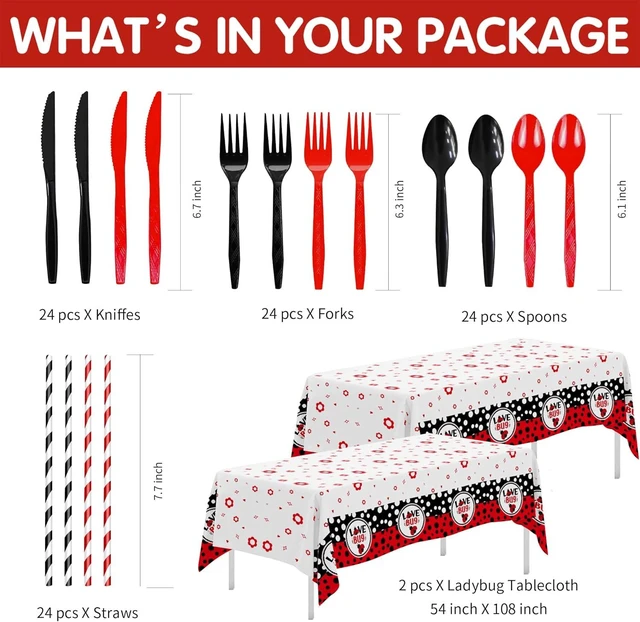 Alt view image 9 of 12 - Xigejob Ladybug Birthday Party Decorations Tableware, Ladybug Party Supplies Girl for Birthday Baby Shower, Paper Plate, Cup, Napkin, Tablecloth, Disposable Cutlery, Straw, Serves 24