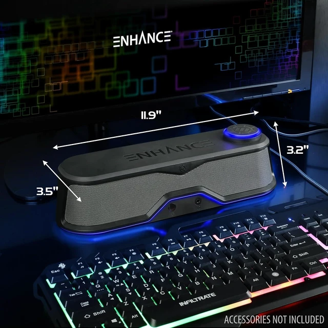 Alt view image 9 of 14 - ENHANCE SB1 Computer Speakers High Excursion Soundbar - USB Powered Computer Sound Bar, Under Monitor Speaker with 10W Peak, LED Volume Control Knob, Headset Pass Through, Gaming Soundbar for PC