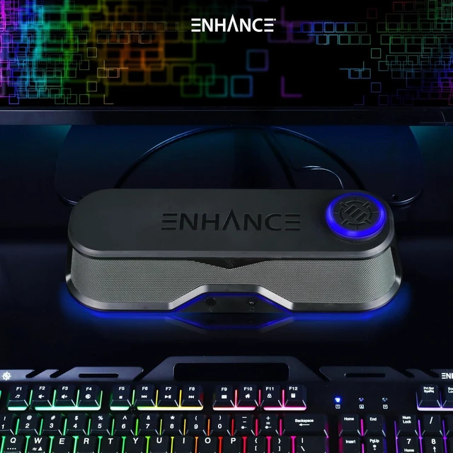 Alt view image 14 of 14 - ENHANCE SB1 Computer Speakers High Excursion Soundbar - USB Powered Computer Sound Bar, Under Monitor Speaker with 10W Peak, LED Volume Control Knob, Headset Pass Through, Gaming Soundbar for PC