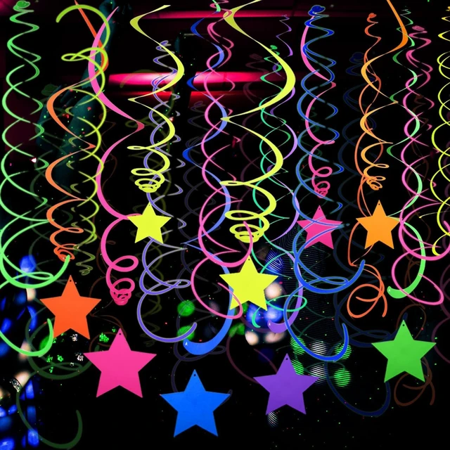Alt view image 8 of 14 - 56 Pieces UV Hanging Swirls Decorations Paper Neon Streamer for Ceiling Star Neon Garlands Black Light Neon Decorations for Dark Glow Party Supplies and Decorations Birthday Neon Party Favors