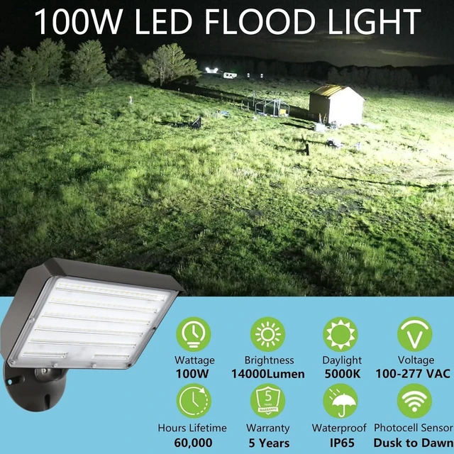 Alt view image 7 of 10 - Dusk to Dawn Outdoor 100W LED Flood Light with Knuckle (Plate Included), 14000LM 1000W Equiv., 100-277V 5000K,ETL Commercial LED Floodlight Fixture, Outdoor Security Lighting for Landscape,Parking Lot
