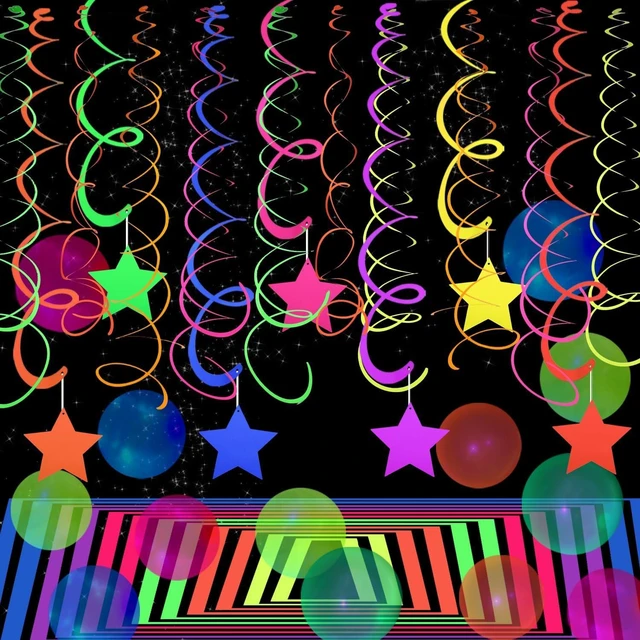 Alt view image 9 of 14 - 56 Pieces UV Hanging Swirls Decorations Paper Neon Streamer for Ceiling Star Neon Garlands Black Light Neon Decorations for Dark Glow Party Supplies and Decorations Birthday Neon Party Favors