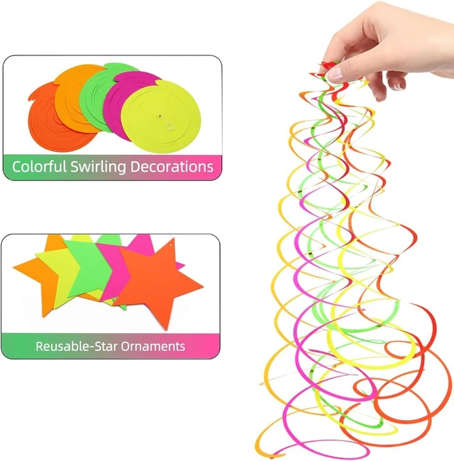 Alt view image 11 of 14 - 56 Pieces UV Hanging Swirls Decorations Paper Neon Streamer for Ceiling Star Neon Garlands Black Light Neon Decorations for Dark Glow Party Supplies and Decorations Birthday Neon Party Favors