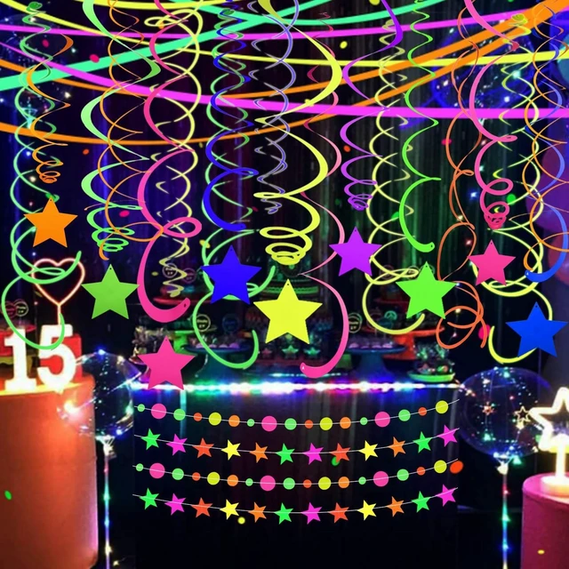 Alt view image 10 of 14 - 56 Pieces UV Hanging Swirls Decorations Paper Neon Streamer for Ceiling Star Neon Garlands Black Light Neon Decorations for Dark Glow Party Supplies and Decorations Birthday Neon Party Favors