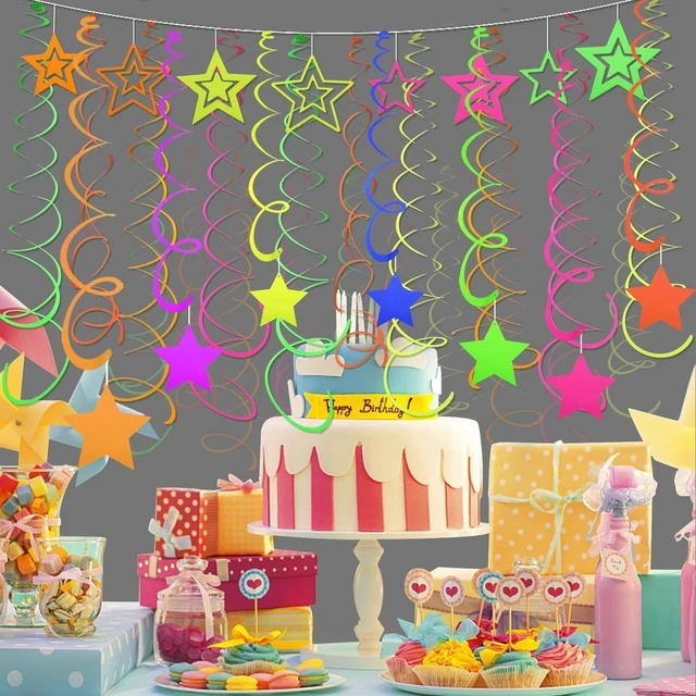 Alt view image 13 of 14 - 56 Pieces UV Hanging Swirls Decorations Paper Neon Streamer for Ceiling Star Neon Garlands Black Light Neon Decorations for Dark Glow Party Supplies and Decorations Birthday Neon Party Favors