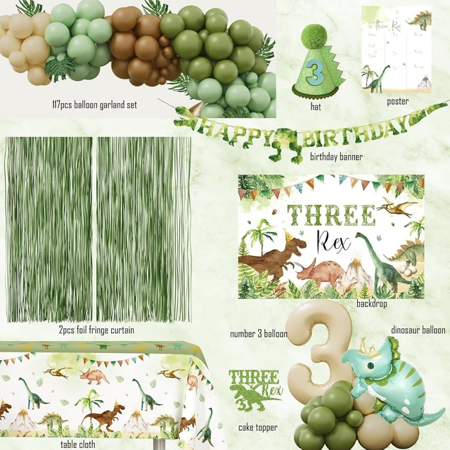 Alt view image 9 of 14 - Three Rex Birthday Party Decorations Boy, Dinosaur 3rd Birthday Party Supplies, Three Rex Backdrop Tablecloth Fringe Curtain Balloon Arch Cake Topper Birthday Banner Hat