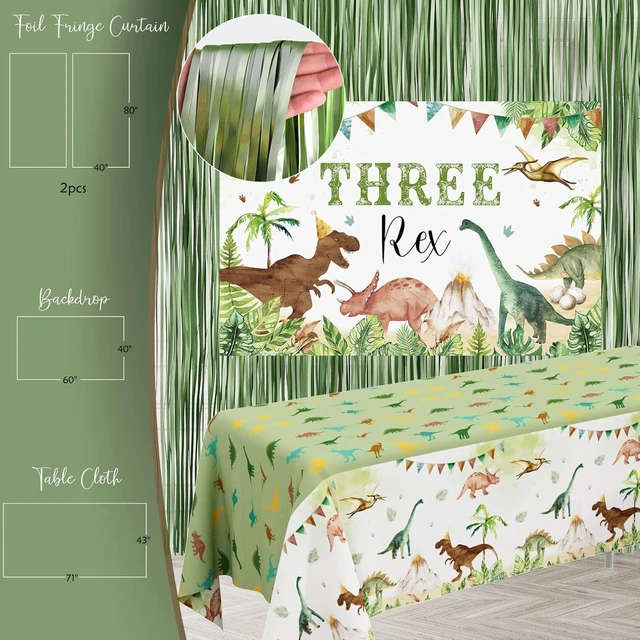 Alt view image 11 of 14 - Three Rex Birthday Party Decorations Boy, Dinosaur 3rd Birthday Party Supplies, Three Rex Backdrop Tablecloth Fringe Curtain Balloon Arch Cake Topper Birthday Banner Hat