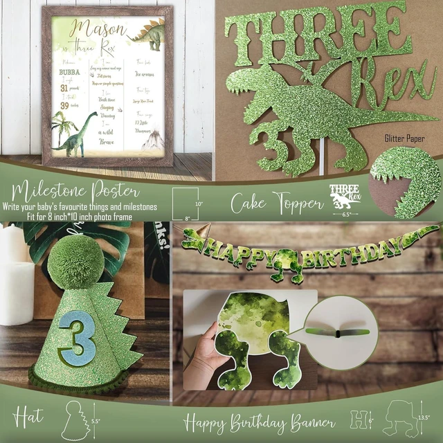 Alt view image 12 of 14 - Three Rex Birthday Party Decorations Boy, Dinosaur 3rd Birthday Party Supplies, Three Rex Backdrop Tablecloth Fringe Curtain Balloon Arch Cake Topper Birthday Banner Hat