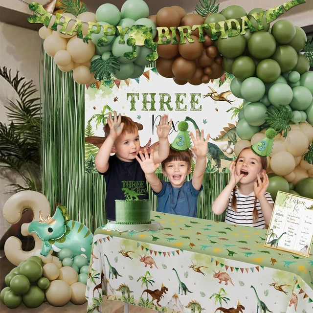 Alt view image 14 of 14 - Three Rex Birthday Party Decorations Boy, Dinosaur 3rd Birthday Party Supplies, Three Rex Backdrop Tablecloth Fringe Curtain Balloon Arch Cake Topper Birthday Banner Hat