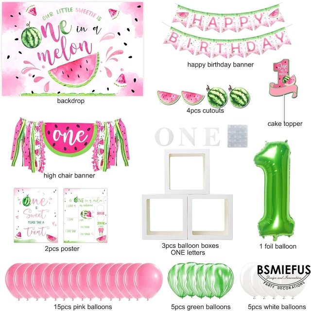 Alt view image 8 of 12 - One in A Melon Party Decorations, Watermelon First Birthday Party Supplies, One in a Melon Backdrop High Chair Banner, Baby 1st Birthday Balloon Boxes