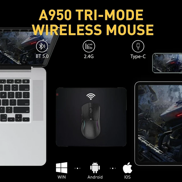 Alt view image 10 of 14 - DAREU A950 Wireless Gaming Mouse with RGB Charging Dock,88g Lightweight Programmable Tri-Mode Wireless Mouse Gaming, Up to 12K DPI,1000Hz,120Hrs Playtime with RGB Backlit, Great for PC, Mac