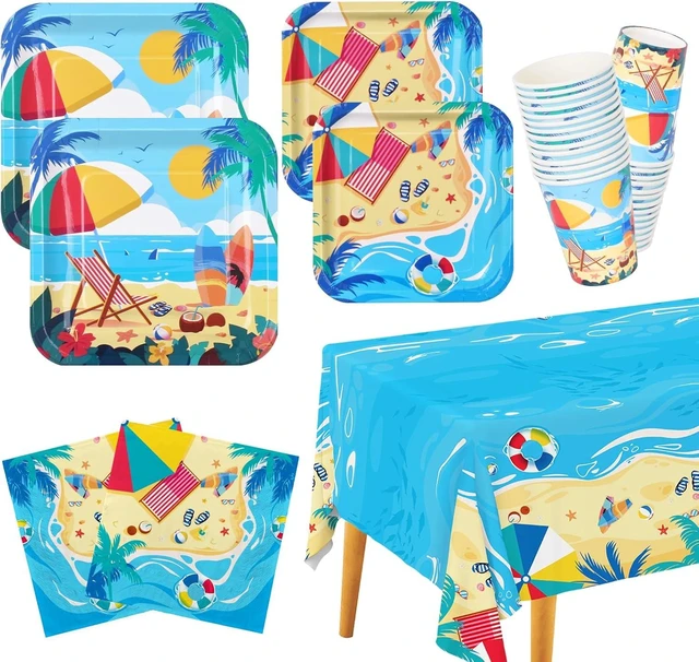 Alt view image 8 of 14 - Beach Theme Party Supplies, Summer Pool Pack Includes: Paper Dinner Plates, Dessert Plates, Luncheon Napkins, Cups and Tablecloth for Hawaiian Party Birthday Decorations, Serve 25