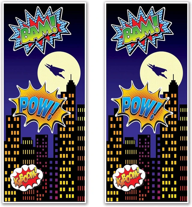 Alt view image 5 of 8 - Beistle 2-Piece Hero Door Covers, Superhero Themed Party Decorations, Comic Book Hero Party Accessories, Action Hero Party Supplies, 30" x 6'