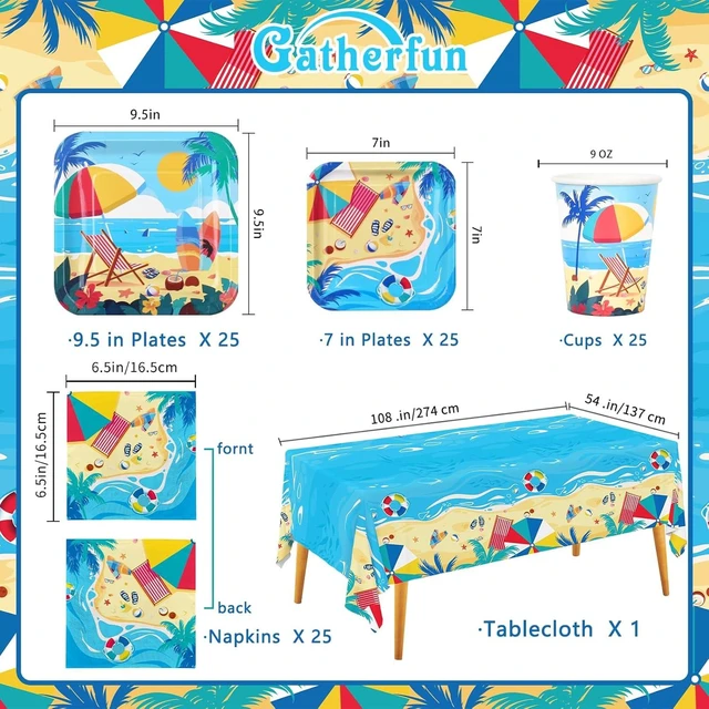 Alt view image 9 of 14 - Beach Theme Party Supplies, Summer Pool Pack Includes: Paper Dinner Plates, Dessert Plates, Luncheon Napkins, Cups and Tablecloth for Hawaiian Party Birthday Decorations, Serve 25