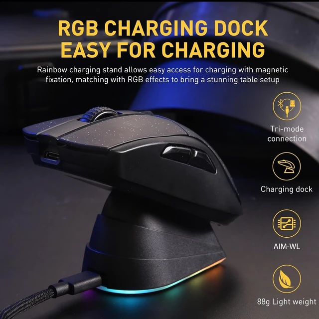 Alt view image 9 of 14 - DAREU A950 Wireless Gaming Mouse with RGB Charging Dock,88g Lightweight Programmable Tri-Mode Wireless Mouse Gaming, Up to 12K DPI,1000Hz,120Hrs Playtime with RGB Backlit, Great for PC, Mac